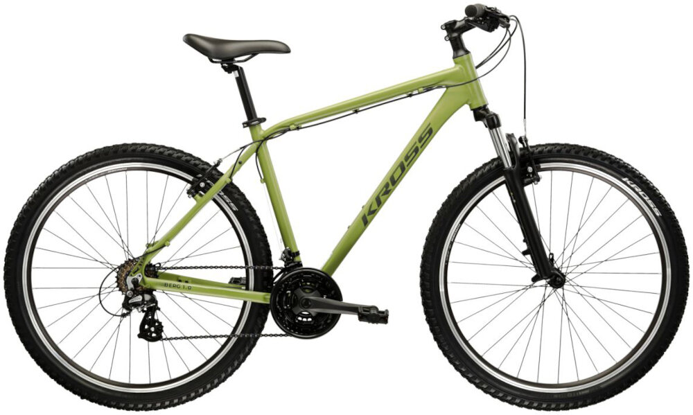 Rower górski MTB KROSS Berg 1.0 M19 27.5 cala męski Khaki rower na białym tle widoczny z boku 19-calowa aluminiowa ramę rower zwinny lekki łatwo go podnieść waga 14,5 kg odporność na korozję wybór rozmiaru ramy Twój wzrost mierzony w zrelaksowanej pozycji typ roweru dla osób o wzroście od 174 do 180 cm