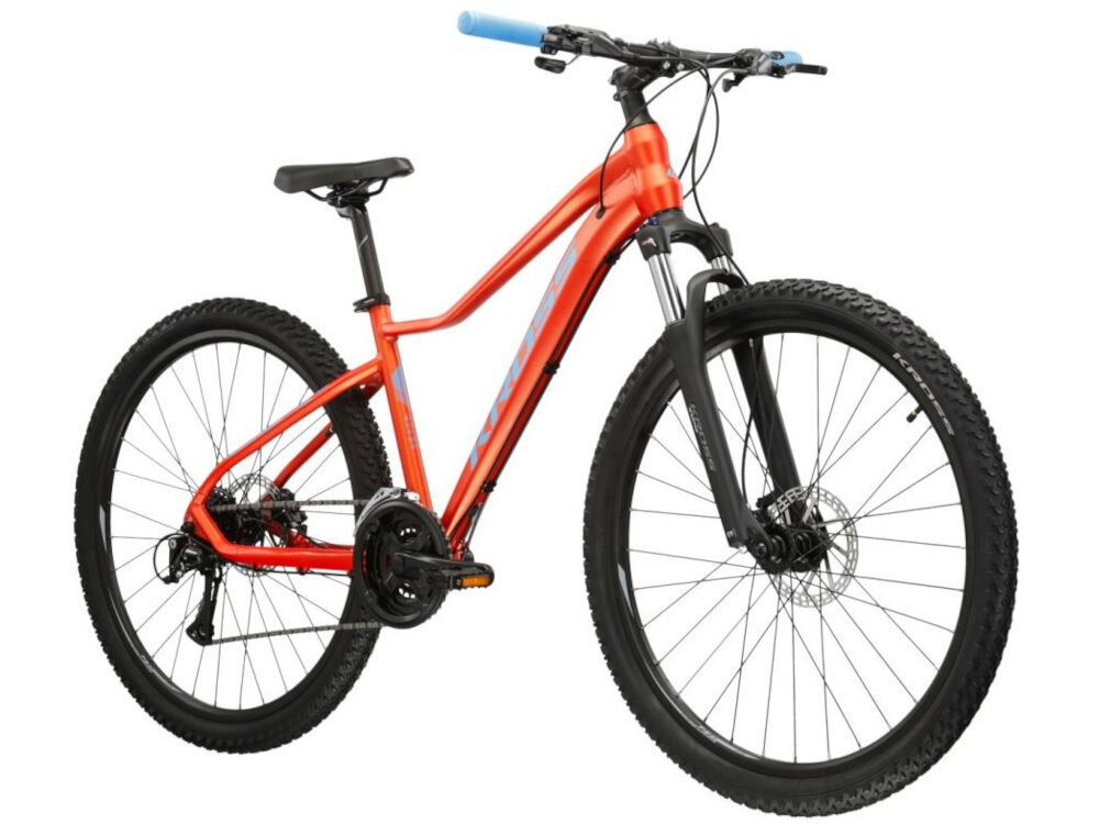 Rower górski MTB KROSS Lea 6.0 D16 27.5 cala damski Niebiesko-pomarańczowy rower na białym tle widoczny od przodu pod skosem środek codziennego transportu relaks pasja uniwersalność
