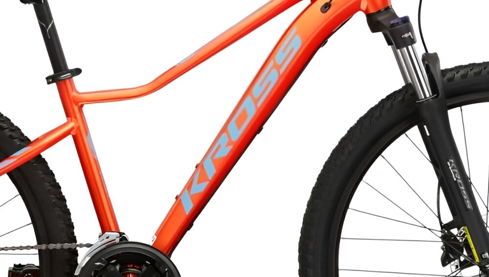 Rower górski MTB KROSS Lea 6.0 D16 27.5 cala damski Niebiesko-pomarańczowy zbliżenie na ramę i gwinty antypoślizgowy materiał pewny chwyt specjalne gwinty możliwość przymocowania uchwytu na bidon