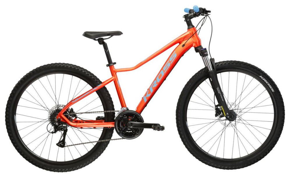 Rower górski MTB KROSS Lea 6.0 D16 27.5 cala damski Niebiesko-pomarańczowy rower na białym tle widoczny z boku 16-calowa aluminiowa ramę rower zwinny lekki łatwo go podnieść waga 14,9 kg odporność na korozję wybór rozmiaru ramy Twój wzrost mierzony w zrelaksowanej pozycji typ roweru dla osób o wzroście od 155 do 164 cm