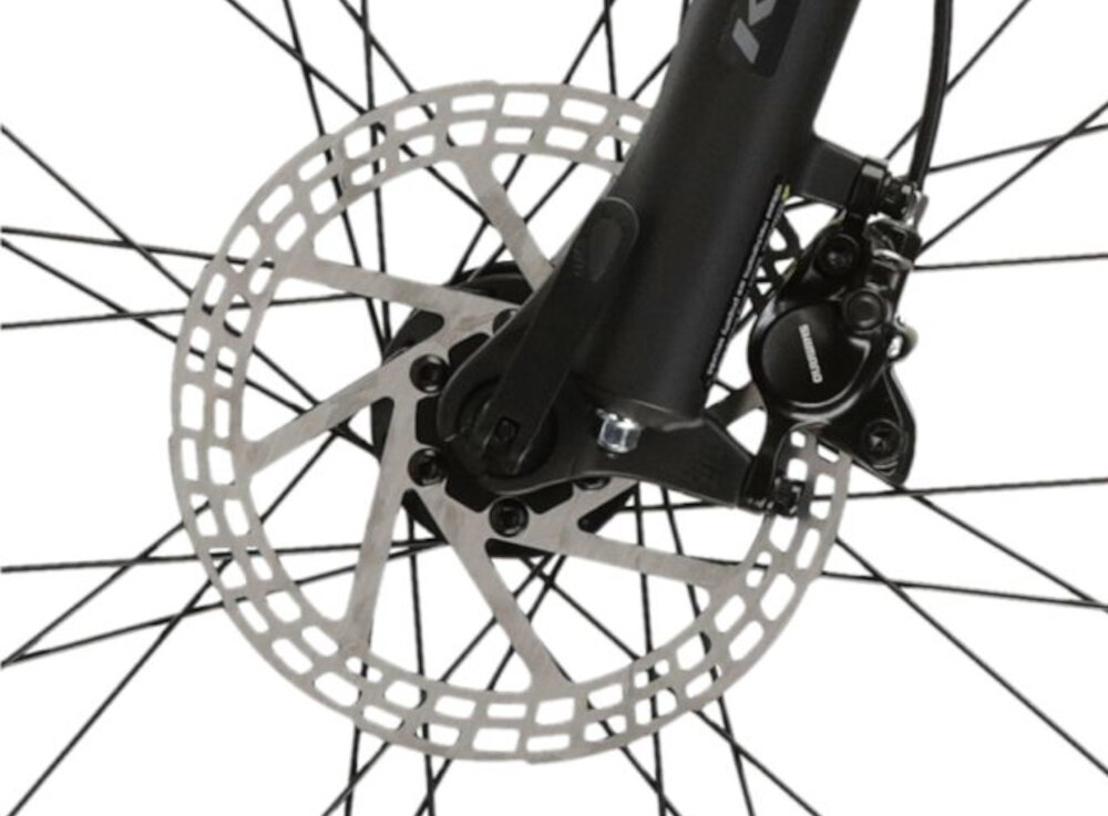 Rower górski MTB KROSS Lea 6.0 D16 27.5 cala damski Niebiesko-pomarańczowy zbliżenie na przedni hamulec podstawa bezpieczeństwa hamulce tarczowe hydrauliczne duża siła hamowania płyn hamulcowy hamulce z przodu i z tyłu podwójny pakiet bezpieczeństwa