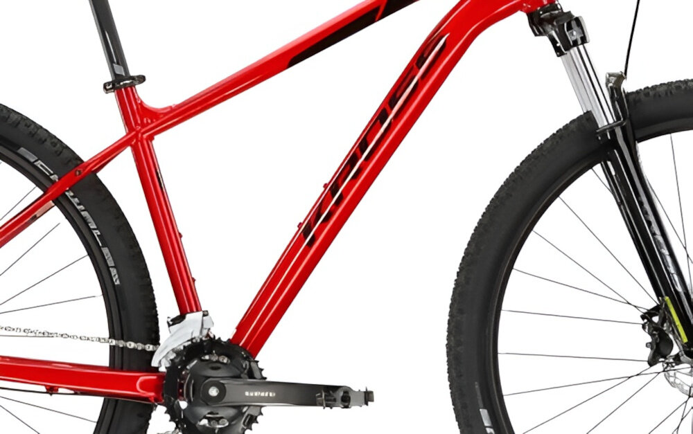 Rower górski MTB KROSS Level 1.0 M17 29 cali męski Czarno-czerwony zbliżenie na ramę i gwinty antypoślizgowy materiał pewny chwyt specjalne gwinty możliwość przymocowania uchwytu na bidon