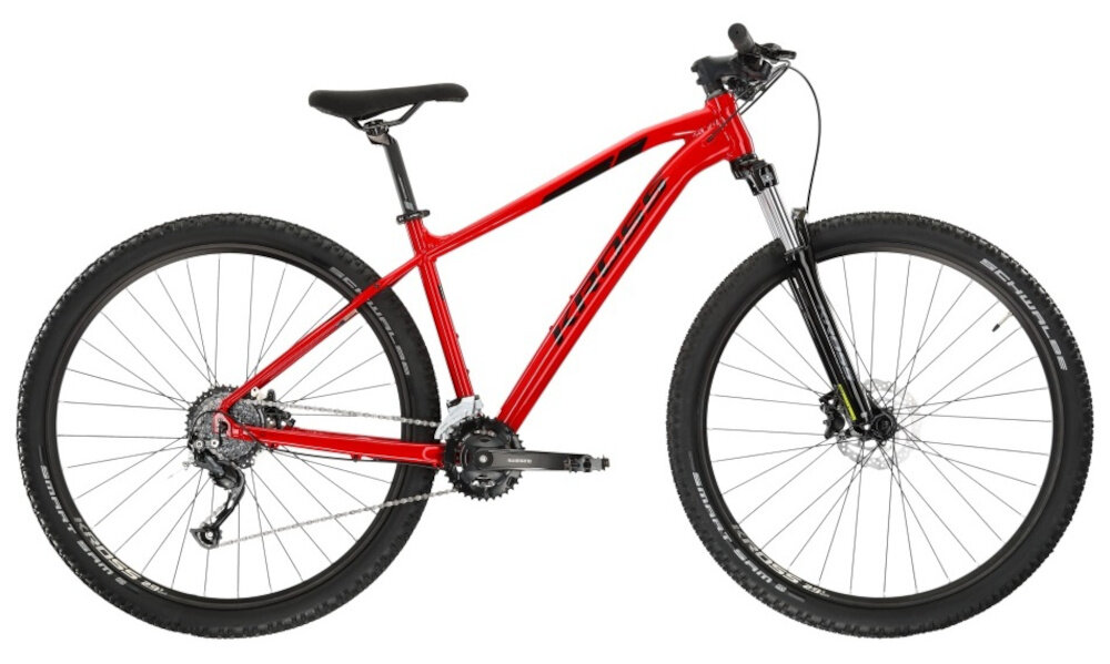 Rower górski MTB KROSS Level 1.0 M17 29 cali męski Czarno-czerwony rower na białym tle widoczny z boku 17-calowa aluminiowa ramę rower zwinny lekki łatwo go podnieść waga 14,05 kg odporność na korozję wybór rozmiaru ramy Twój wzrost mierzony w zrelaksowanej pozycji typ roweru dla osób o wzroście od 172 do 180 cm