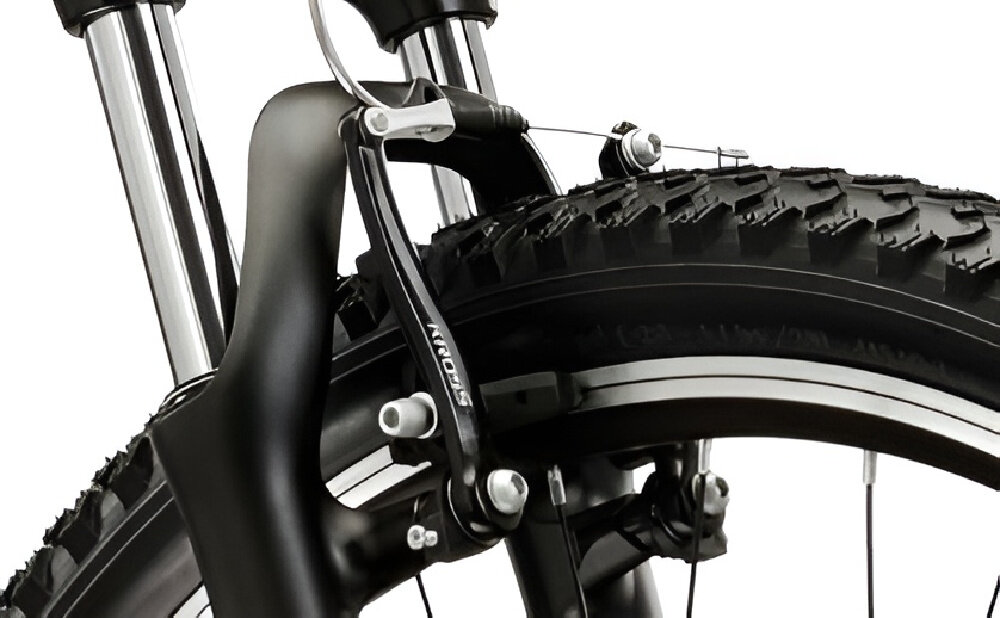 Rower górski MTB KROSS Berg 1.0 M21 27.5 cala męski Khaki zbliżenie na przedni hamulec podstawa bezpieczeństwa hamulce V-Brake lekkie duża siła hamowania hamulce z przodu i z tyłu podwójny pakiet bezpieczeństwa