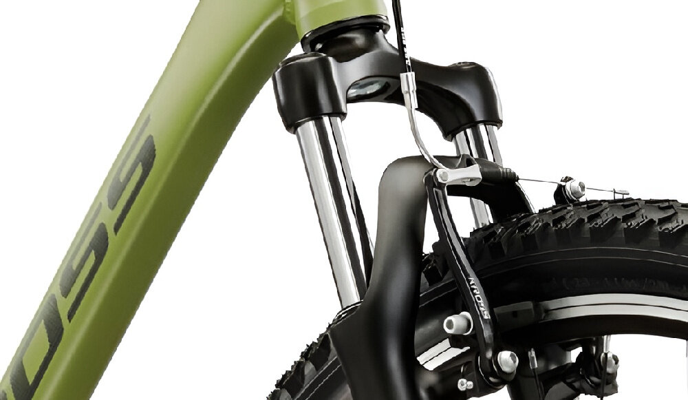 Rower górski MTB KROSS Berg 1.0 M21 27.5 cala męski Khaki zbliżenie na amortyzator rower typu hardtail przedni amortyzator marki ZOOM typ Forgo 565 o skoku 80 mm skutecznie tłumi drgania i nierówności terenu sprężyna z elastomerem regulacja napięcia wstępnego dopasowanie pracy do wagi użytkownika i stylu jazdy