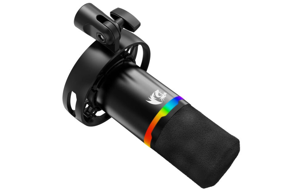 Mikrofon REDRAGON Solara GM307 parametry techniczne 48 kHz 16 bit wymiary 175x102x130 mm, mikrofon po skosie na białym tle