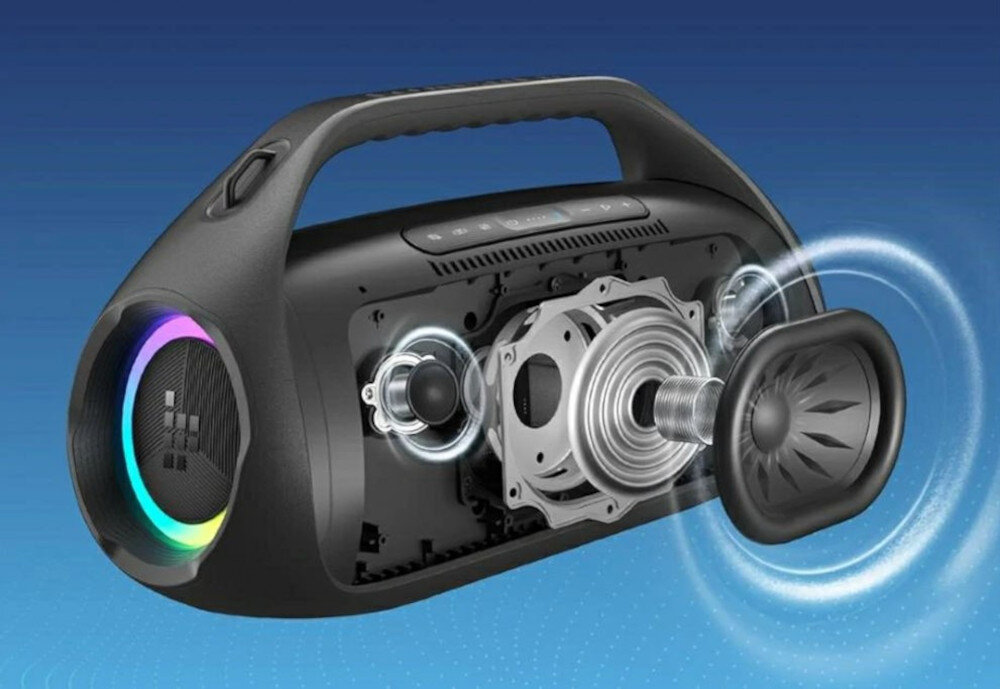 Głośnik mobilny TRONSMART Bang 2 — system 2.1, dynamiczny bas, głośniki średniotonowe i wysokotonowe, przekrój głośnika na niebieskim tle