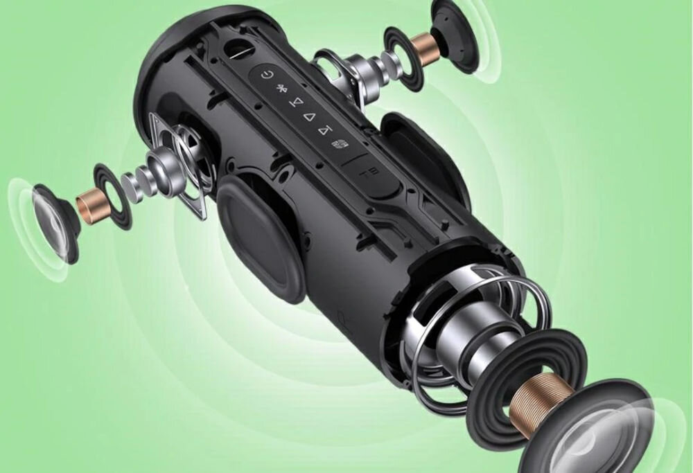 Głośnik TRONSMART T8 z systemem 2.1, SoundPulse i radiatorami zapewniający dźwięk 360°, Głośnik T8 ukazujący jego wewnętrzną budowę na zielonym tle.