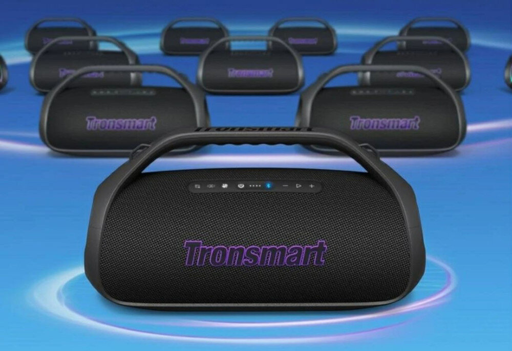 Głośnik mobilny TRONSMART Bang 2 — TWS, CSB, przestrzenny dźwięk, synchronizacja 100 głośników, głośniki od frontu na niebieskim tle