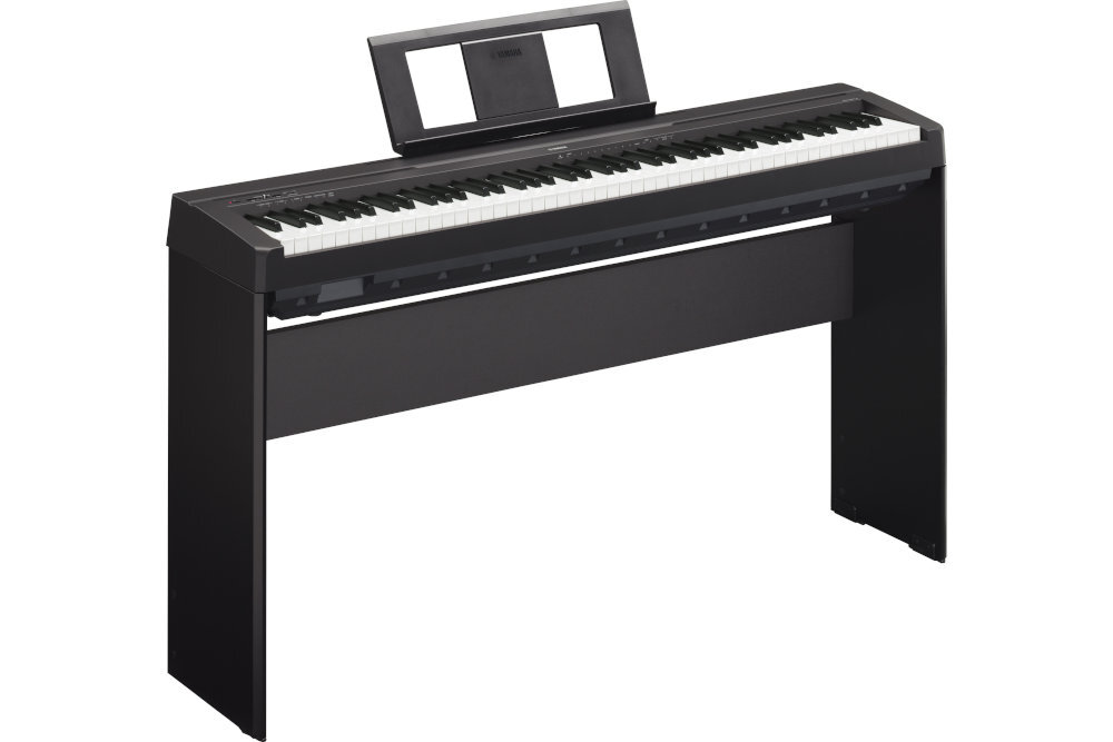 Czarne pianino cyfrowe z białymi klawiszami i stojakiem na nuty. Instrument ma prosty, nowoczesny design.