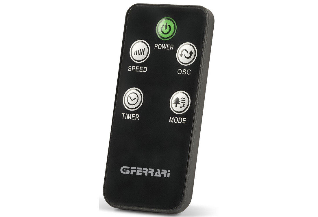 Czarny pilot zdalnego sterowania z pięcioma przyciskami: POWER, SPEED, OSC, TIMER, MODE. Na dole widoczne jest logo \'G3FERRARI\'.