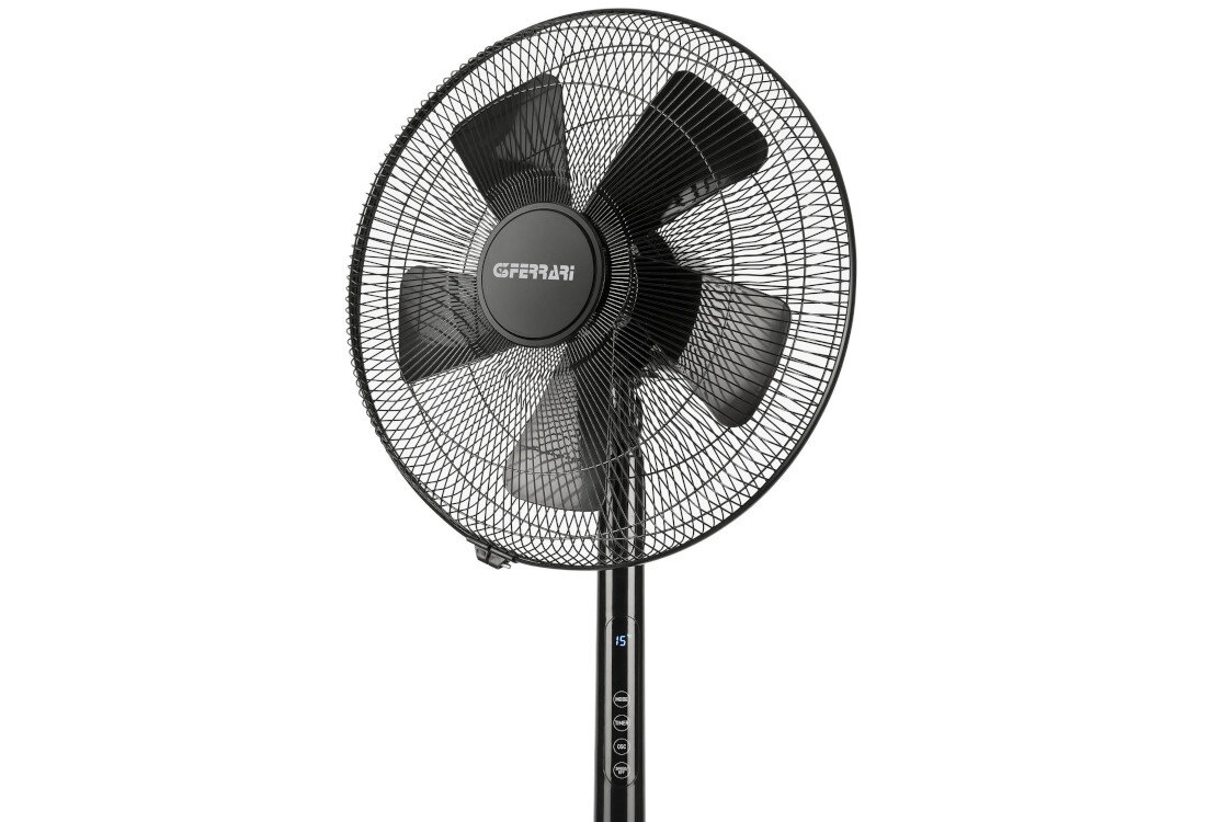 Czarny wentylator stojący z pięcioma łopatkami i napisem \'G3FERRARI\' na środku. Na podstawie widoczne są przyciski sterujące i wyświetlacz z cyfrą \'15\'.