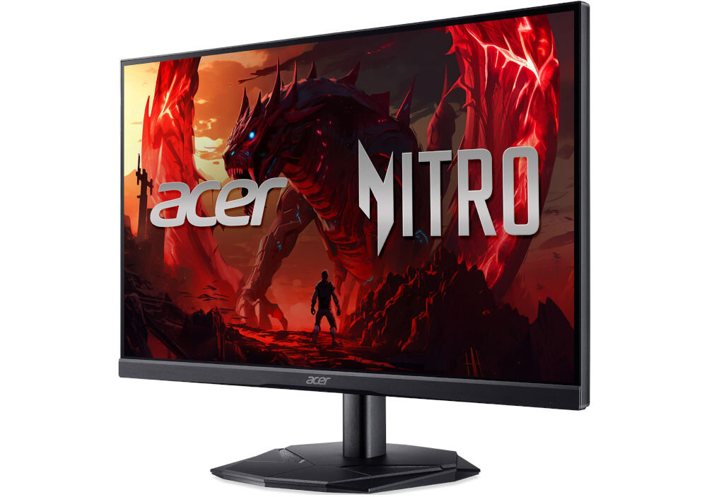 Monitor ACER Nitro KG241YX3BIP 23.8 cala 1920x1080px 200Hz 0.5 ms [GTG] prezentacja monitora od przodu pod kątem na białym tle ZeroFrame cienkie ramki immersja panoramiczny pulpit wypełnienie niemal całego frontu