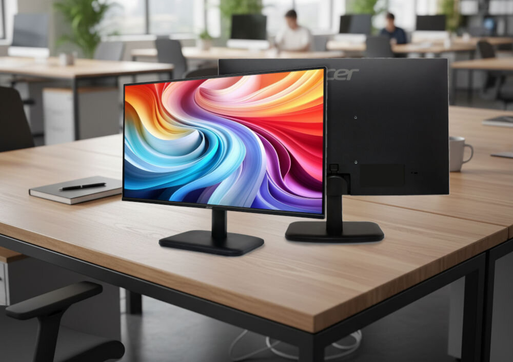 Monitor ACER EK251Q P6 24.5 cala 1920x1080px IPS 144Hz 1 ms [VRB] prezentacja monitora od przodu pod kątem i tyłu na blacie na tle biura