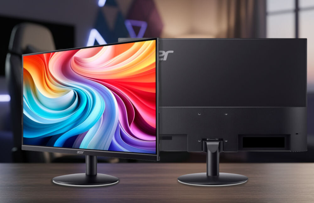 Monitor ACER SA242YH1bi 23.8 cala 1920x1080px 100Hz 4 ms [GTG] prezentacja monitora od przodu pod kątem i tyłu na tle rozmazanego pokoju