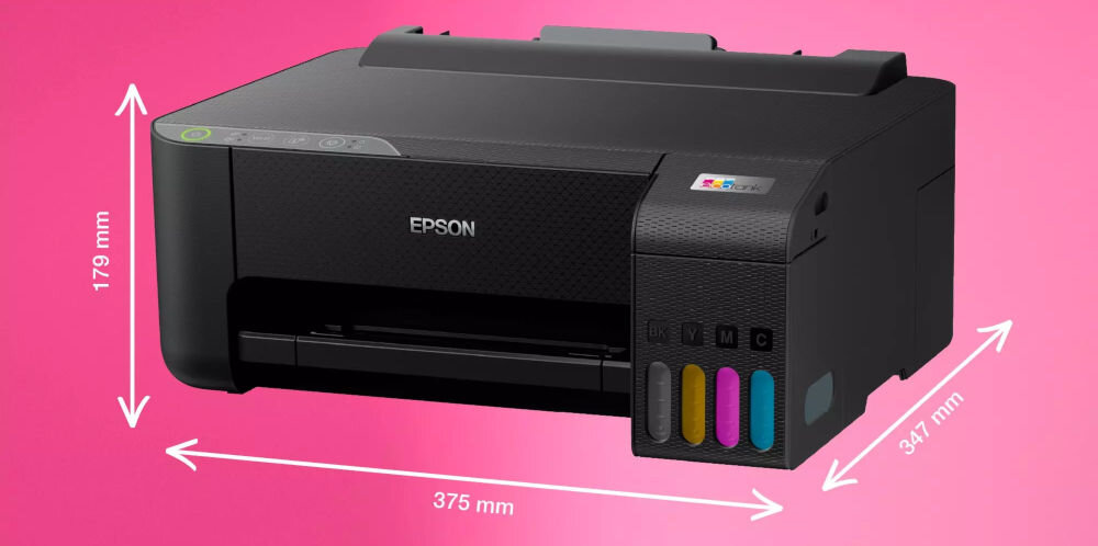 Drukarka EPSON EcoTank L1270 Wi-Fi prezentacja drukarki pod kątem od przodu na różowym tle z wymiarami Solidna obudowa i lekka konstrukcja drukarki Epson waga wymiary