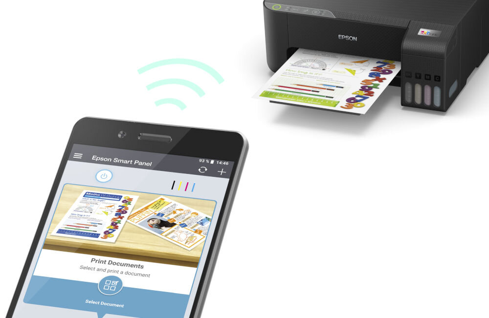 Drukarka EPSON EcoTank L1270 Wi-Fi prezentacja drukarki na białym tle telefon z włączoną aplikacją Łączność bezprzewodowa Wi-Fi i Wi-Fi Direct z urządzeniami mobilność elastyczność
