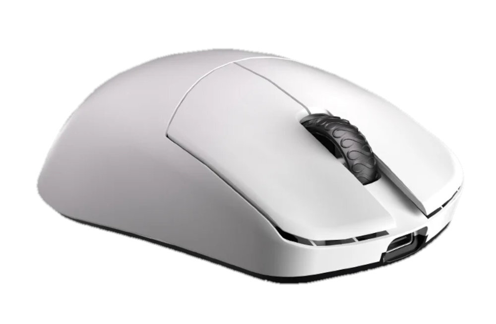 LAMZU Maya X sensor PixArt PAW3950 30 000 DPI dedykowanemu oprogramowaniu zmieniać ustawienia DPI - biała mysz pod kątem na białym tle