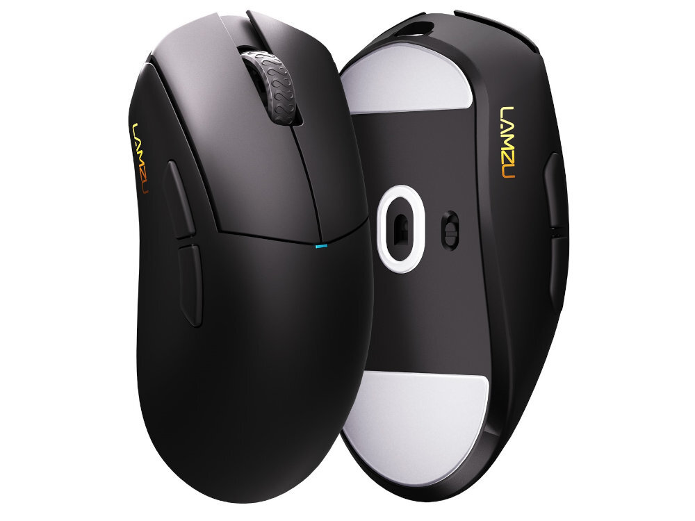 LAMZU Paro Aurora baterię o pojemności 250 mAh bez konieczności częstego podłączania myszy do ładowania  - mysz od przodu i spodu na białym tle