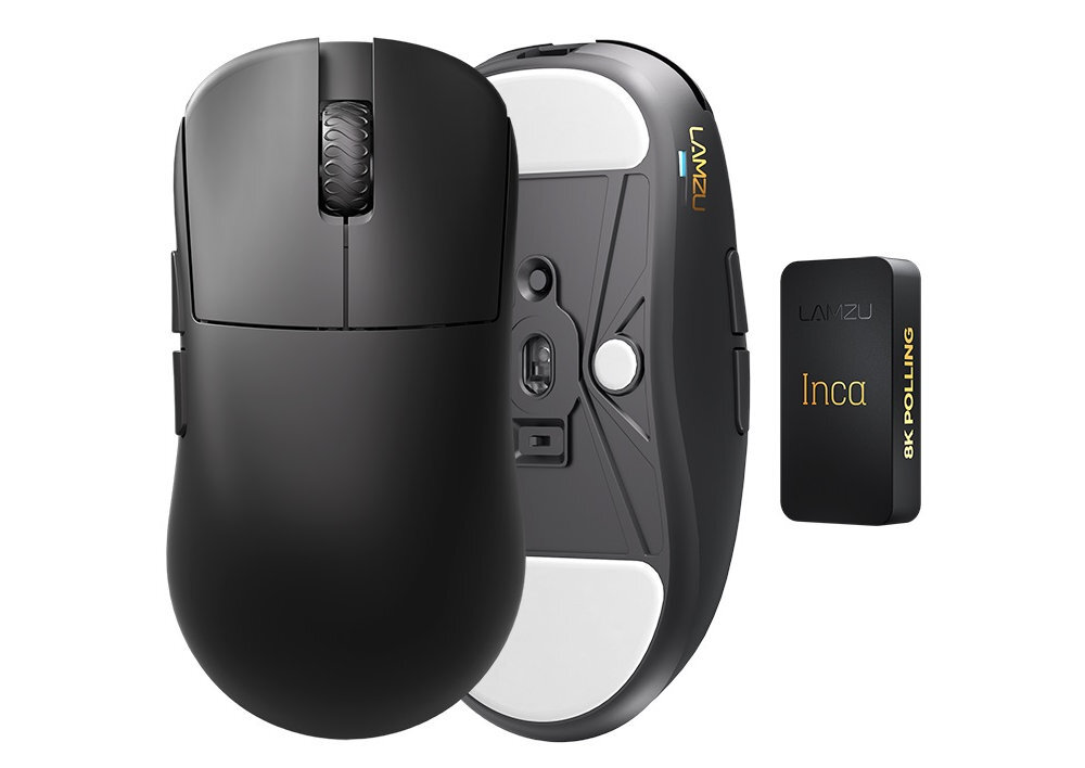 LAMZU Inca baterię o pojemności 250 mAh bez konieczności częstego podłączania myszy do ładowania  - mysz od przodu i spodu na białym tle obok dongle 8k