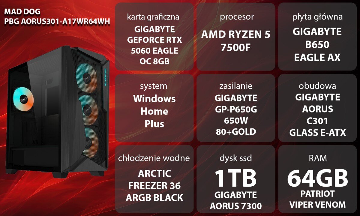 Komputer MAD DOG GeForce RTX5060 DLSS 4 Reflex Edition 2 Powered by Gigabyte AORUS301-A17WR64WH Grafika przedstawiająca specyfikację komputera, z podziałem na podzespoły. W lewej części znajduje się model komputera, a obok niego informacje o podzespołach, opis