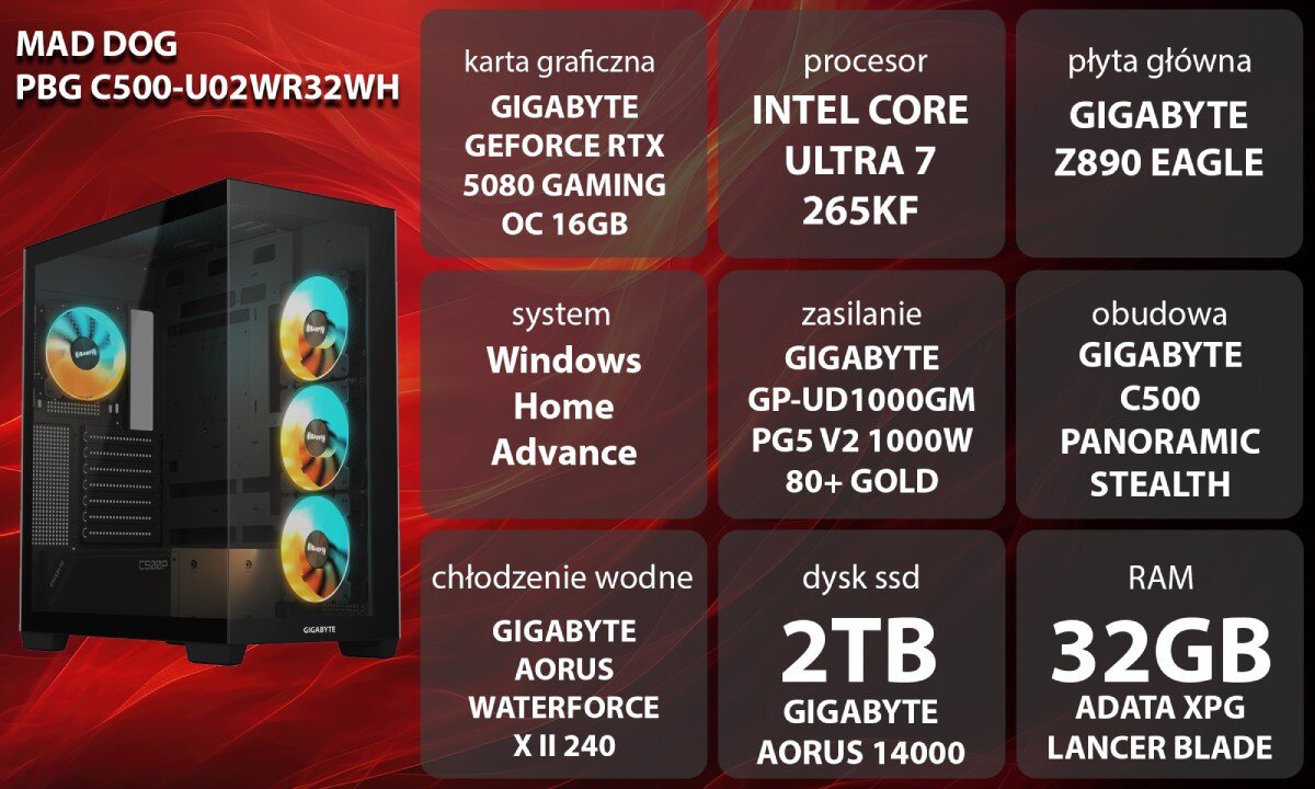 Komputer MAD DOG GeForce RTX5080 DLSS 4 Reflex Edition 2 Powered by Gigabyte C500-U02WR32WH