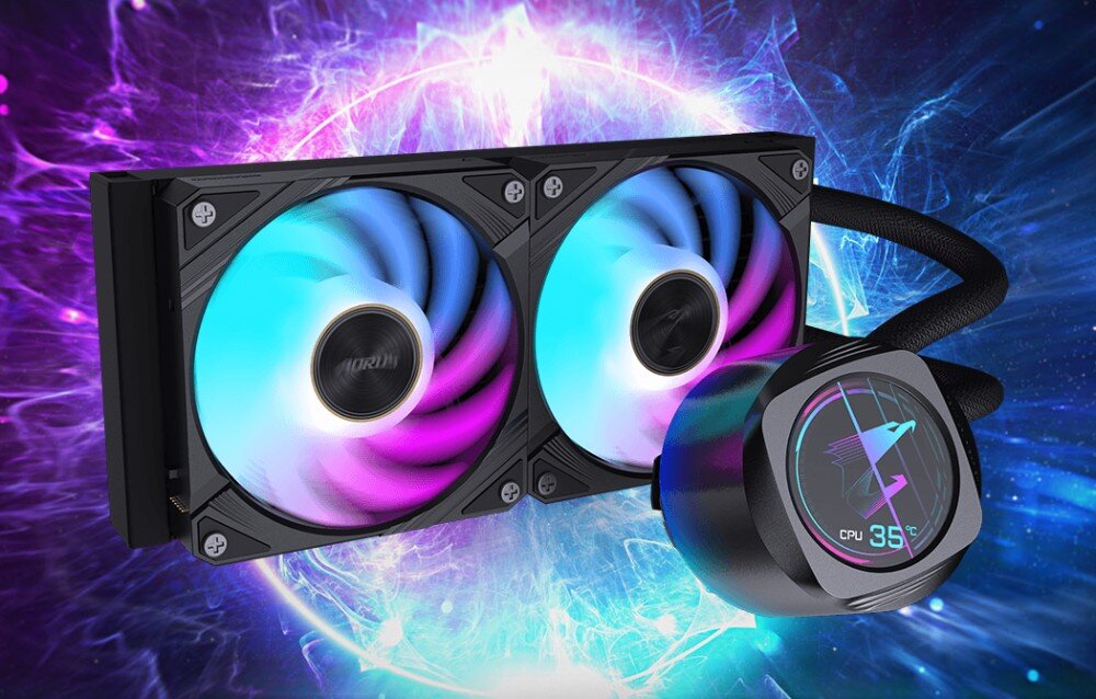 Komputer MAD DOG GeForce RTX5080 DLSS 4 Reflex Edition 2 Powered by Gigabyte C500-U02WR64WP Dwuwentylatorowe chłodzenie wodne z podświetleniem RGB oraz okrągła głowica z elastycznymi przewodami i ekranem wyświetlającym temperaturę procesora na tle efektów świetlnych w kolorach fioletu i błękitu, chłodzenie wodne procesora, radiator, blok wodny, wyświetlacz, podświetlenie