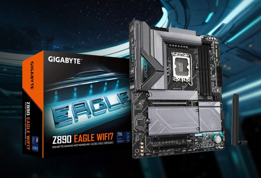 Komputer MAD DOG GeForce RTX5080 DLSS 4 Reflex Edition 2 Powered by Gigabyte C500-U02WR64WP Czarna płyta główna z szarymi radiatorami ustawiona pionowo obok kolorowego pudełka z napisem 'Eagle', w tle futurystyczna sceneria przypominająca wnętrze statku kosmicznego, płyta główna, układ zasilania, kompatybilność, łączność Wi-Fi 7