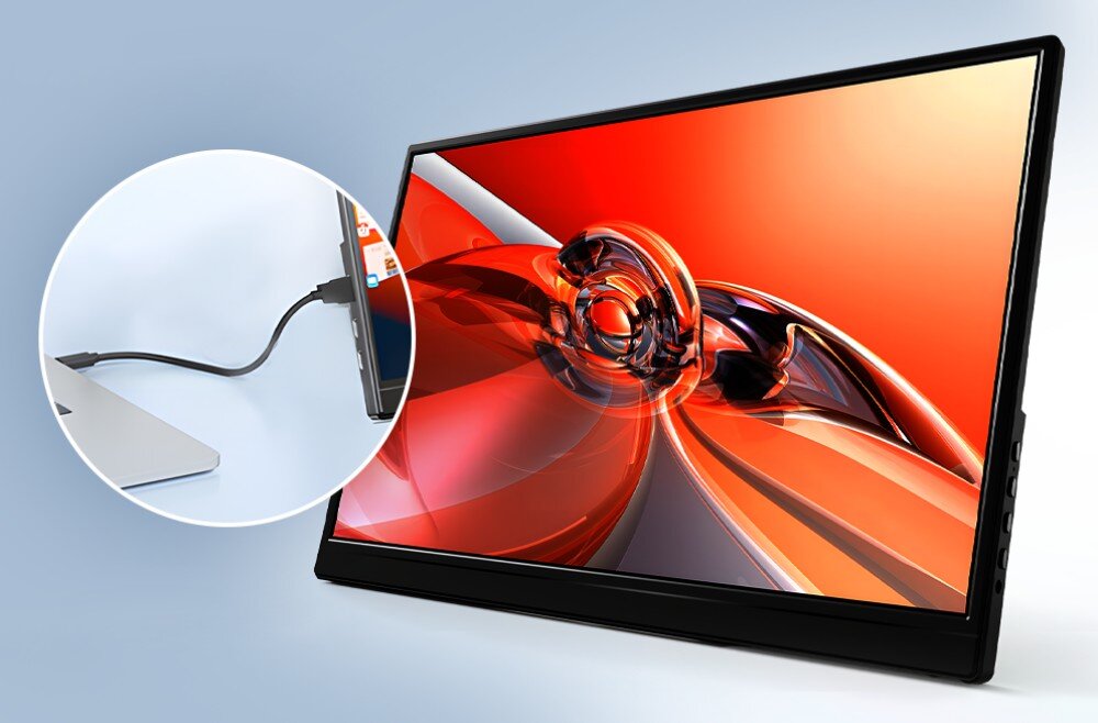 Monitor EXTRALINK Smart Life S15 Monitor podłączony do laptopa kablem widocznym w okrągłym powiększeniu obok ekranu z czerwono-pomarańczową grafiką, akcesoria, kable