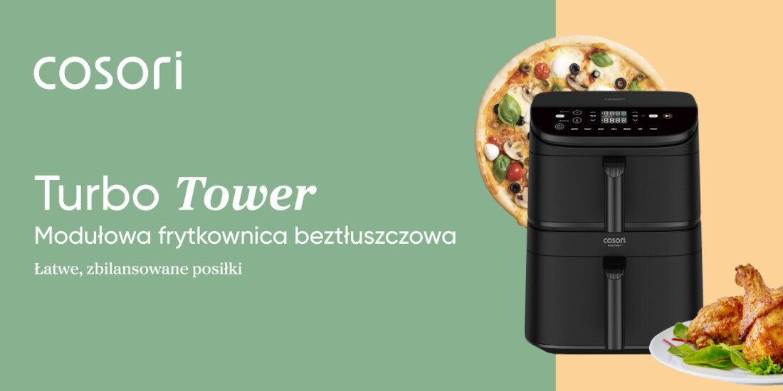 Air Fryer Frytkownica beztłuszczowa COSORI Turbo Tower CAF-DC121-AEUR Łatwe gotowanie dla każdego wygląd design tło prezentacja wizualizacja