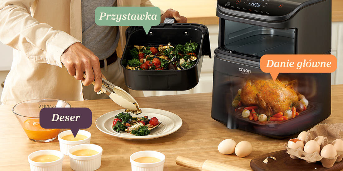 Air Fryer Frytkownica beztłuszczowa COSORI Turbo Tower CAF-DC121-AEUR Gotowanie dla całej rodziny trójstopniowa konstrukcja Dwa pojemne kosze i ruszt przystawki, dania główne i desery