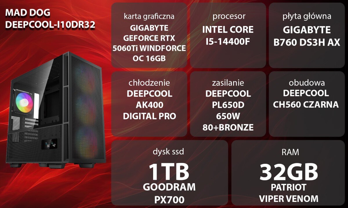 Komputer MAD DOG GeForce RTX5060Ti DLSS 4 Reflex Edition 2 DEEPCOOL-I10DR32 Grafika przedstawiająca specyfikację komputera, z podziałem na podzespoły. W lewej części znajduje się model komputera, a obok niego informacje o podzespołach, opis