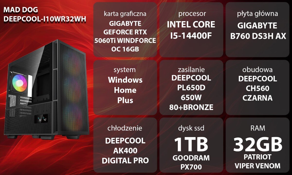 Komputer MAD DOG GeForce RTX5060Ti DLSS 4 Reflex Edition 2 DEEPCOOL-I10WR32WH Grafika przedstawiająca specyfikację komputera, z podziałem na podzespoły. W lewej części znajduje się model komputera, a obok niego informacje o podzespołach, opis