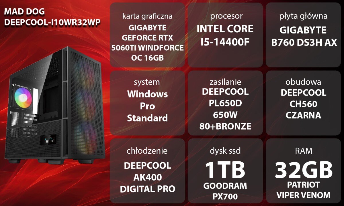 Komputer MAD DOG GeForce RTX5060Ti DLSS 4 Reflex Edition 2 DEEPCOOL-I10WR32WP Grafika przedstawiająca specyfikację komputera, z podziałem na podzespoły. W lewej części znajduje się model komputera, a obok niego informacje o podzespołach, opis