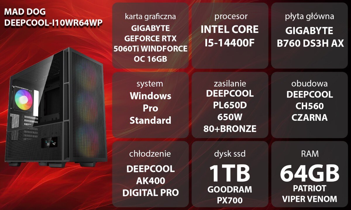 Komputer MAD DOG GeForce RTX5060Ti DLSS 4 Reflex Edition 2 DEEPCOOL-I10WR64WP Grafika przedstawiająca specyfikację komputera, z podziałem na podzespoły. W lewej części znajduje się model komputera, a obok niego informacje o podzespołach, opis