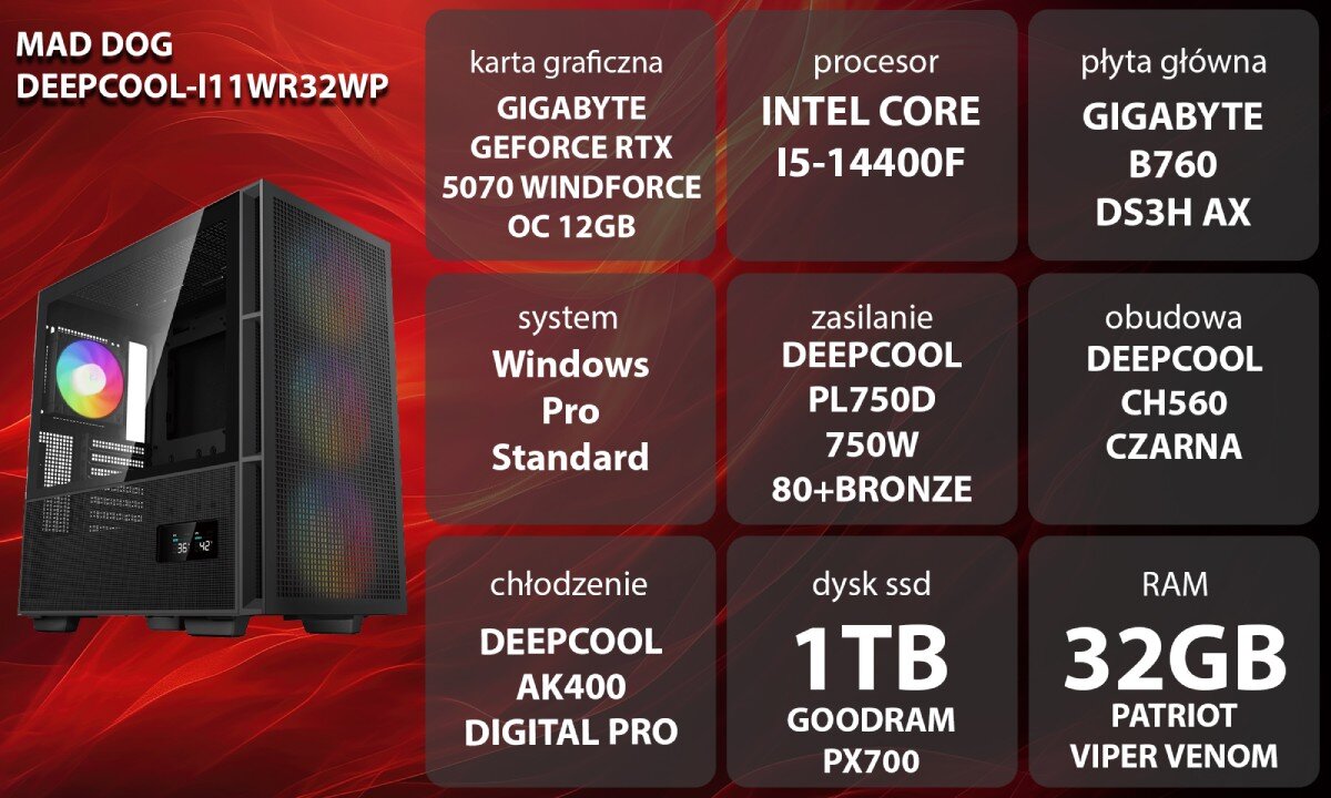 Komputer MAD DOG GeForce RTX5070 DLSS 4 Reflex Edition 2 DEEPCOOL-I11WR32WP Grafika przedstawiająca specyfikację komputera, z podziałem na podzespoły. W lewej części znajduje się model komputera, a obok niego informacje o podzespołach, opis
