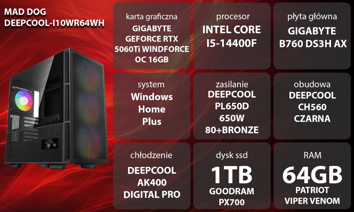 Komputer MAD DOG GeForce RTX5060Ti DLSS 4 Reflex Edition 2 DEEPCOOL-I10WR64WH Grafika przedstawiająca specyfikację komputera, z podziałem na podzespoły. W lewej części znajduje się model komputera, a obok niego informacje o podzespołach, opis