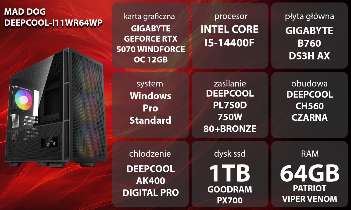 Komputer MAD DOG GeForce RTX5070 DLSS 4 Reflex Edition 2 DEEPCOOL-I11WR64WP Grafika przedstawiająca specyfikację komputera, z podziałem na podzespoły. W lewej części znajduje się model komputera, a obok niego informacje o podzespołach, opis