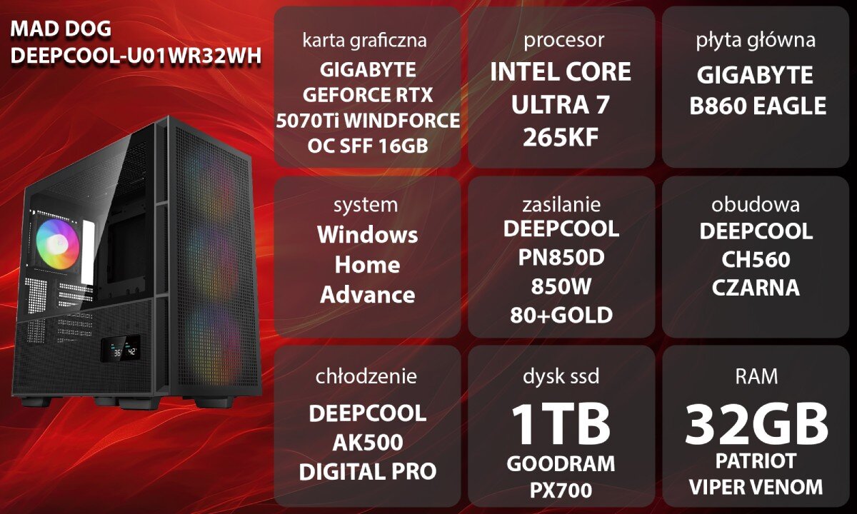 Komputer MAD DOG GeForce RTX5070Ti DLSS 4 Reflex Edition 2 DEEPCOOL-U01WR32WH Grafika przedstawiająca specyfikację komputera, z podziałem na podzespoły. W lewej części znajduje się model komputera, a obok niego informacje o podzespołach, opis