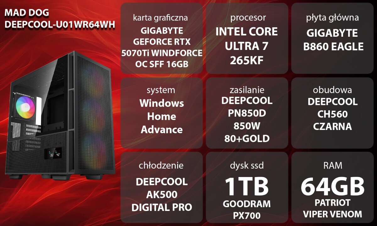 Komputer MAD DOG GeForce RTX5070Ti DLSS 4 Reflex Edition 2 DEEPCOOL-U01WR64WH Grafika przedstawiająca specyfikację komputera, z podziałem na podzespoły. W lewej części znajduje się model komputera, a obok niego informacje o podzespołach, opis