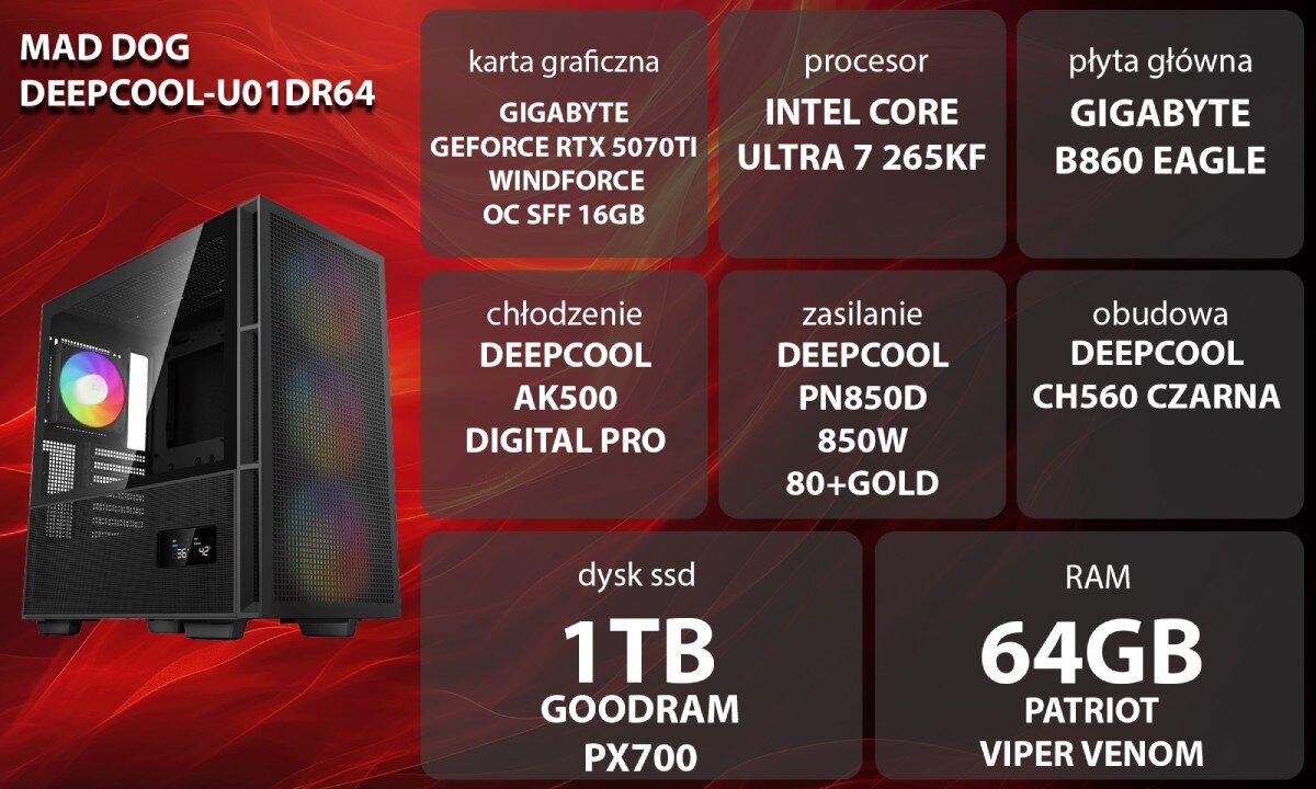 Komputer MAD DOG GeForce RTX5070Ti DLSS 4 Reflex Edition 2 DEEPCOOL-U01DR64 Grafika przedstawiająca specyfikację komputera, z podziałem na podzespoły. W lewej części znajduje się model komputera, a obok niego informacje o podzespołach, opis