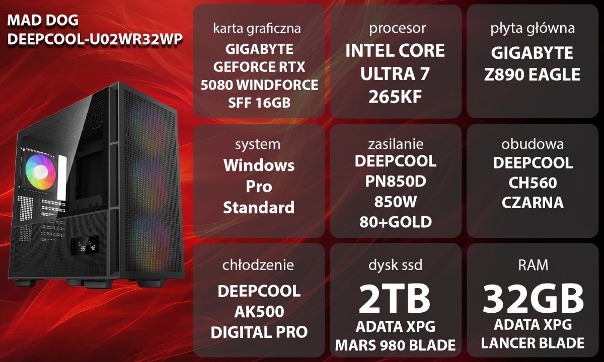 Komputer MAD DOG GeForce RTX5080 DLSS 4 Reflex Edition 2 DEEPCOOL-U02WR32WP Grafika przedstawiająca specyfikację komputera, z podziałem na podzespoły. W lewej części znajduje się model komputera, a obok niego informacje o podzespołach, opis