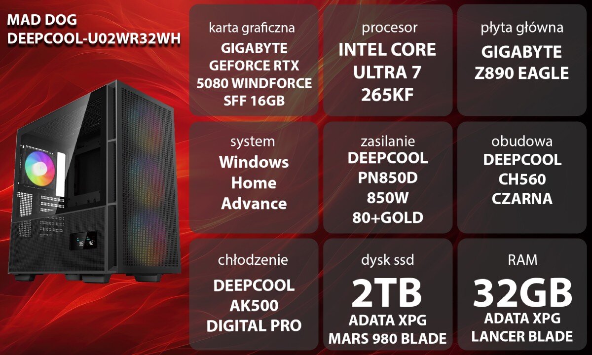 Komputer MAD DOG GeForce RTX5080 DLSS 4 Reflex Edition 2 DEEPCOOL-U02WR32WH Grafika przedstawiająca specyfikację komputera, z podziałem na podzespoły. W lewej części znajduje się model komputera, a obok niego informacje o podzespołach, opis