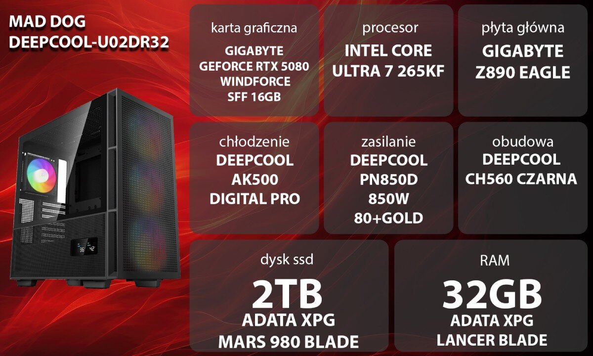 Komputer MAD DOG GeForce RTX5080 DLSS 4 Reflex Edition 2 DEEPCOOL-U02DR32 Grafika przedstawiająca specyfikację komputera, z podziałem na podzespoły. W lewej części znajduje się model komputera, a obok niego informacje o podzespołach, opis