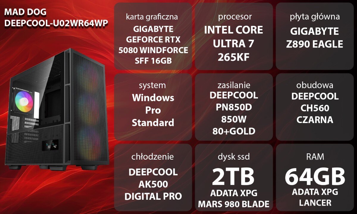 Komputer MAD DOG GeForce RTX5080 DLSS 4 Reflex Edition 2 DEEPCOOL-U02WR64WP Grafika przedstawiająca specyfikację komputera, z podziałem na podzespoły. W lewej części znajduje się model komputera, a obok niego informacje o podzespołach, opis