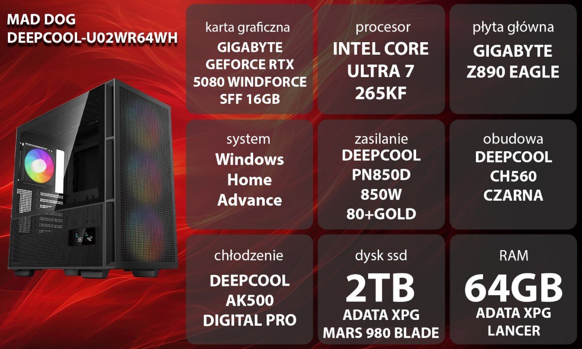 Komputer MAD DOG GeForce RTX5080 DLSS 4 Reflex Edition 2 DEEPCOOL-U02WR64WH Grafika przedstawiająca specyfikację komputera, z podziałem na podzespoły. W lewej części znajduje się model komputera, a obok niego informacje o podzespołach, opis
