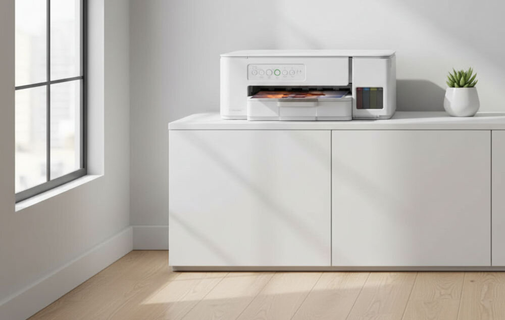 Urządzenie wielofunkcyjne BROTHER DCP-T436W Druk w kolorze, Wi-Fi prezentacja urządzenia w jasnym pokoju na białej szafce obok duże wysokie okno