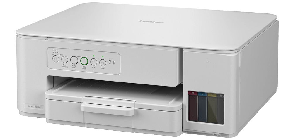 Urządzenie wielofunkcyjne BROTHER DCP-T436W Druk w kolorze, Wi-Fi prezentacja urządzenia na białym tle od przodu pod kątem Obsługa papieru od 64 do 300 g/m² w różnych zastosowaniach elastyczność