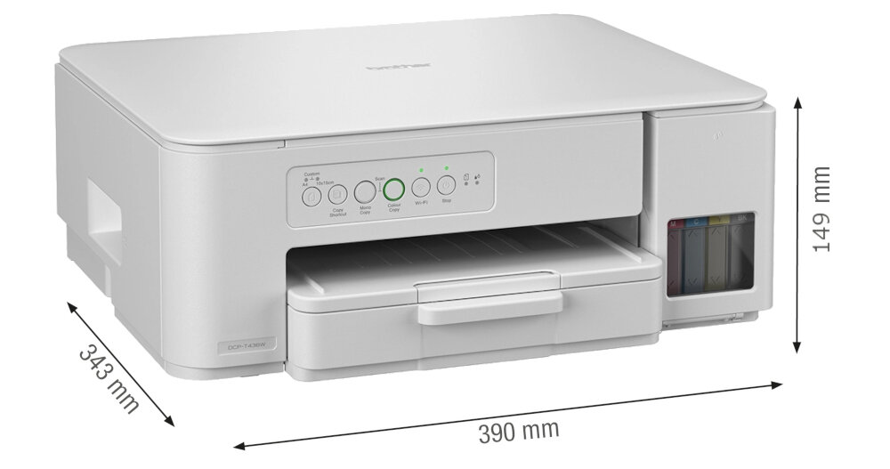 Urządzenie wielofunkcyjne BROTHER DCP-T436W Druk w kolorze, Wi-Fi prezentacja urządzenia na białym tle pod kątem z wymiarami wymiary 390 x 343 x 149 mm swoboda organizacji