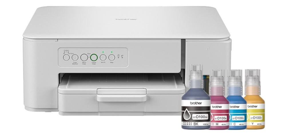 Urządzenie wielofunkcyjne BROTHER DCP-T436W Druk w kolorze, Wi-Fi prezentacja drukarki i butelek z atramentem na białym tle pełne butelki w zestawie
